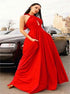 A Line Halter Satin Backless Red Prom Dress LBQ3872